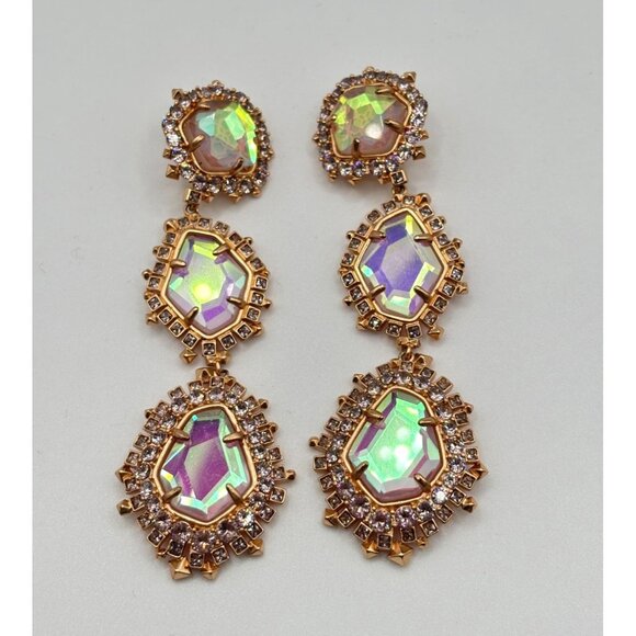 Kendra Scott Crystal Iridescent Gold Triple Drop Clip On Earrings - Picture 1 of 8